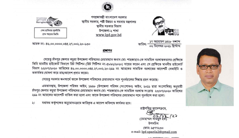 কচুয়া উপজেলা পরিষদ চেয়ারম্যান স্বপদে পুনর্বহাল