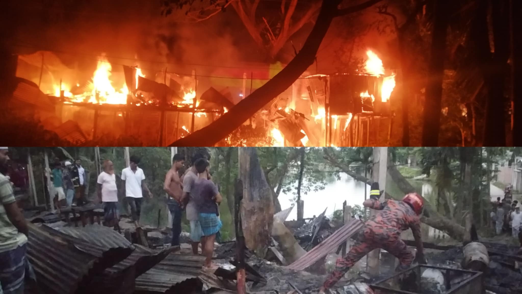 চাঁদপুর সদরে চান্দ্রা জব্বার ঢালী এলাকায় আগুনে পুড়ে গেছে ৬টি দোকান