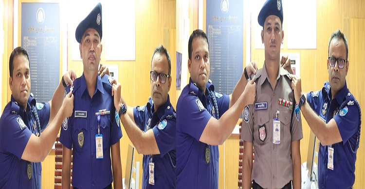পদোন্নতিপ্রাপ্ত দু পুলিশ সদস্যকে র্যাংক ব্যাজ পরালেন পুলিশ সুপার