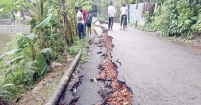 নির্মাণ কাজে অনিয়মের অভিযোগ : টানা বৃষ্টিতে ধসে পড়লো পাকা সড়কের একাংশ